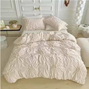 3D Pinch Pleated Double Duvet Cover Set 220x240 King Size Solid Twist Flower Quilt Cover